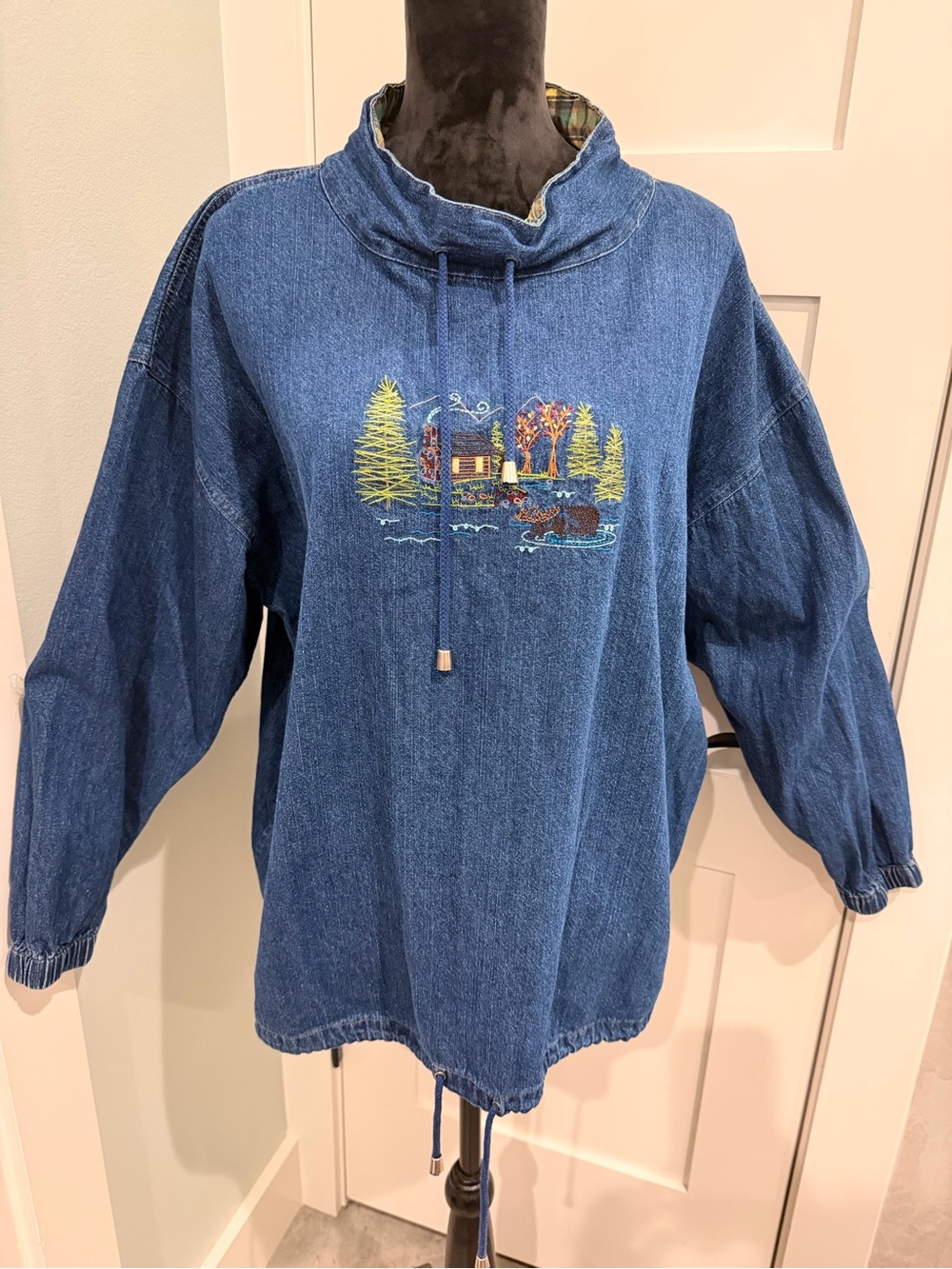 Vintage CJ Banks Denim Pullover Jacket with Cabin Embroidery Pull Strings 1X